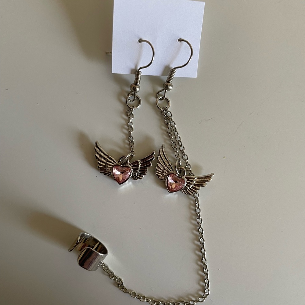 Silver Winged Heart Pink Crystal Dangle Earrings